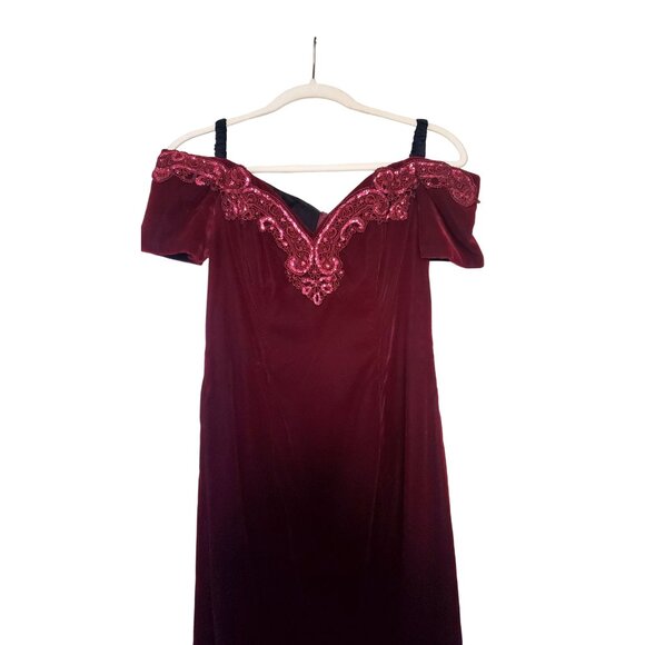 VTG Velvet Burgundy Red Off Shoulder Gown Glitter Lace Neckline 90's Size 5 - Picture 2 of 8